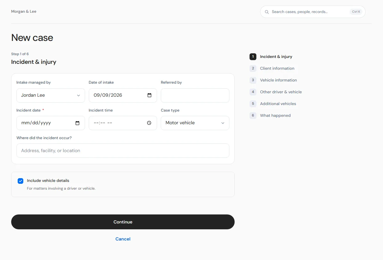 The actual new-case intake step in CasePloy